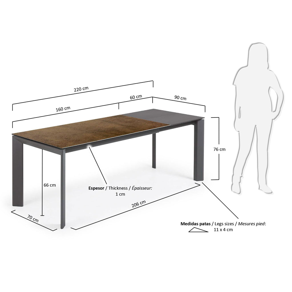 Table extensible Axis grès cérame finition Iron Corten pieds acier gris foncé 160 (220)cm