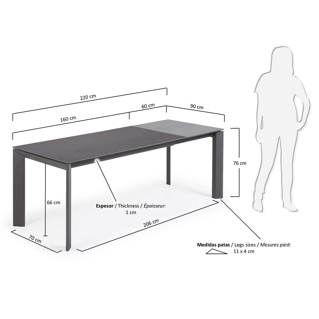 Table extensible Axis grès cérame finition Vulcano Roca pieds gris foncé 160 (220) cm