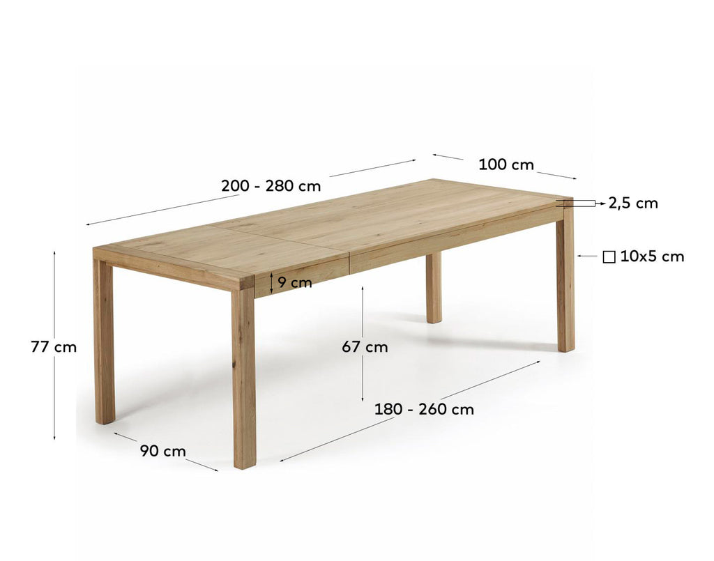 Table extensible Briva placage de chêne finition naturelle 200 (280) x 100 cm