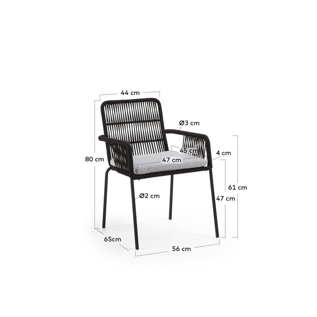 Chaise empilable Samanta en corde noire et pieds en acier galvanisé