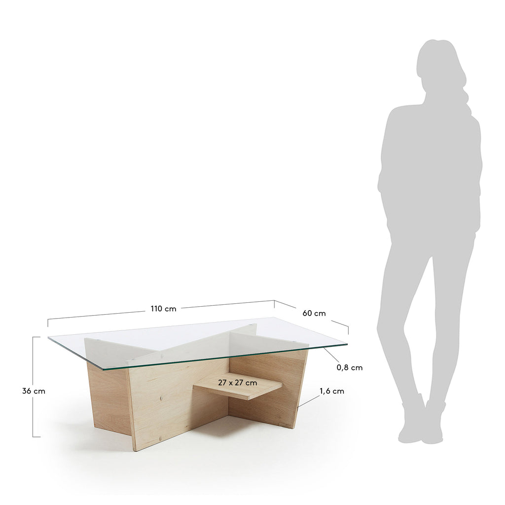 Table basse Balwind en verre et base en chêne 110 x 60 cm