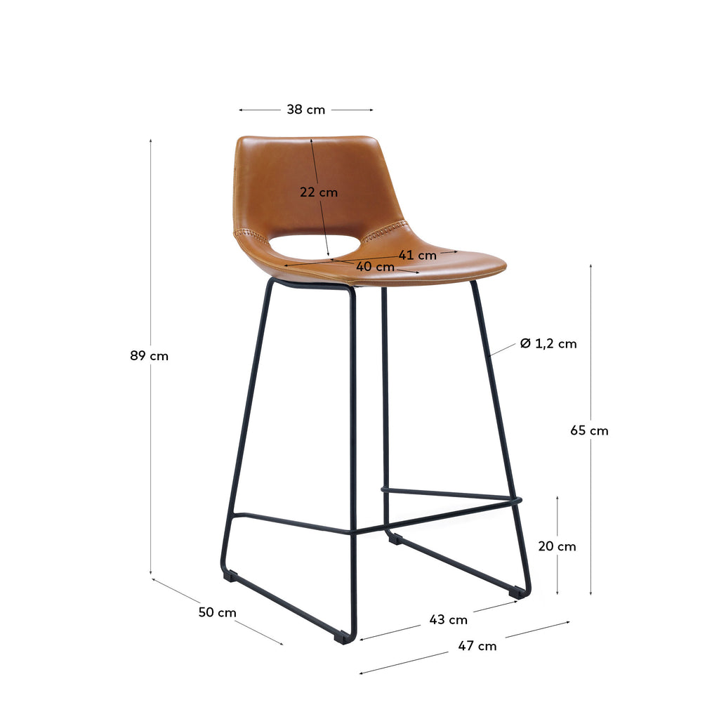 Tabouret Zahara en polyuréthane marron et acier finition noire hauteur 65 cm FSC 100%