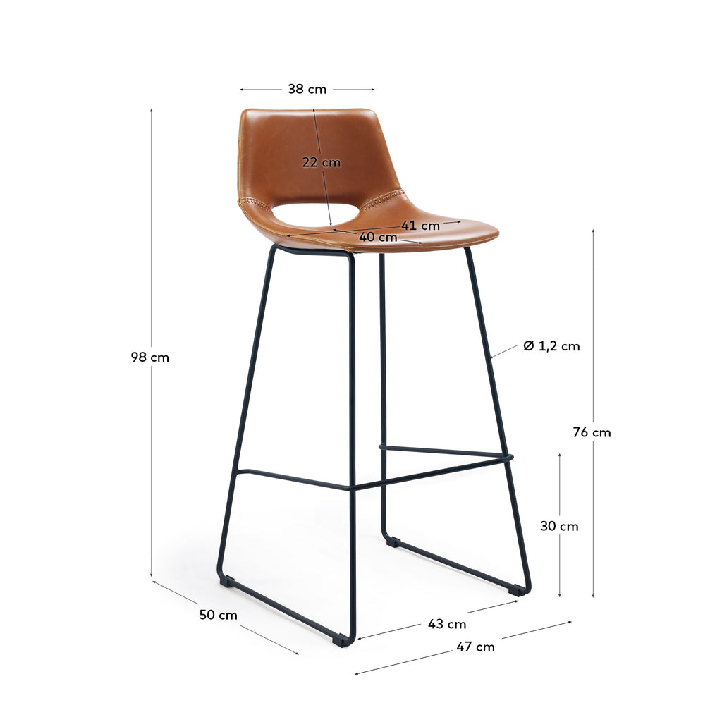Tabouret Zahara en polyuréthane marron et acier finition noire hauteur 76 cm FSC 100%