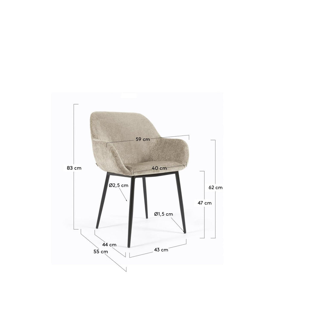 Chaise Konna en chenille beige avec pieds en acier peint noir