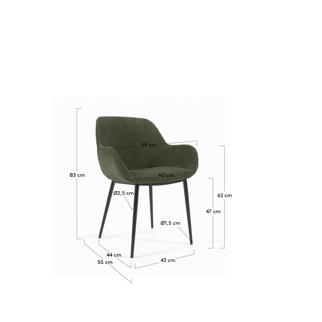 Chaise Konna velours à grosses côtes vert foncé avec pieds en acier peint noir