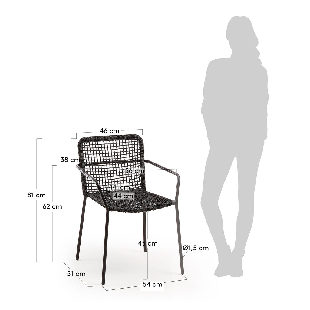 Chaise empilable d’extérieur Ellen en corde noire et acier galvanisé