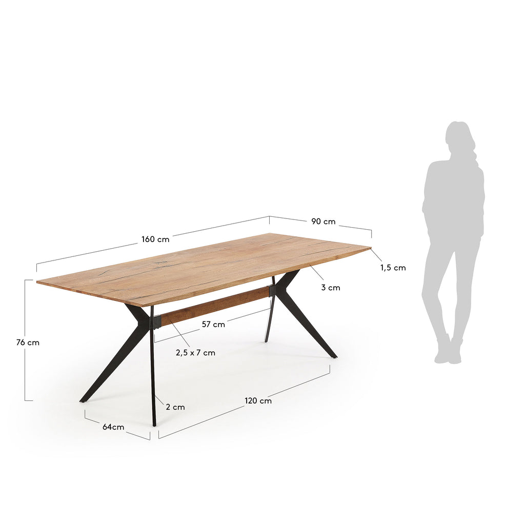 Table Amethyst placage de chêne effet vieilli et pieds en acier finition noire 160 x 90 cm