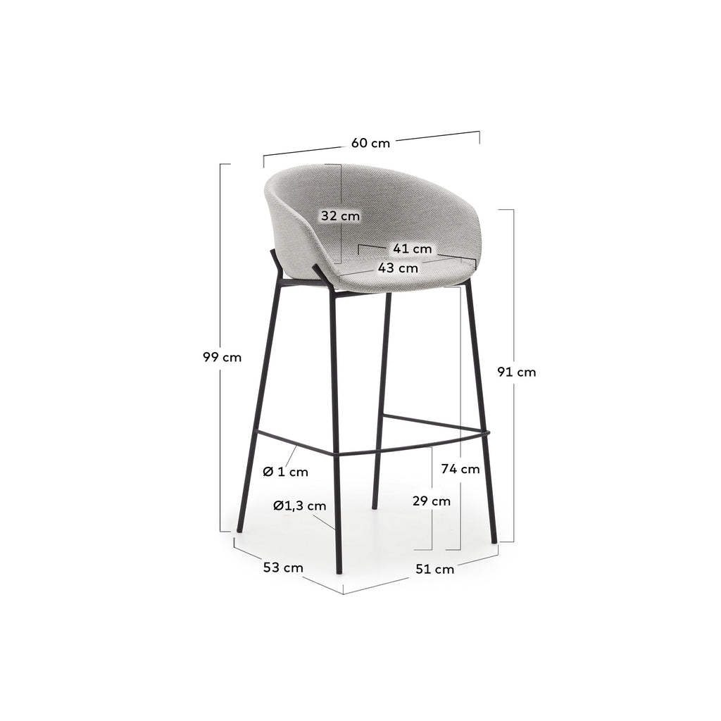 Tabouret Yvette gris clair et pieds en acier noir hauteur 75 cm