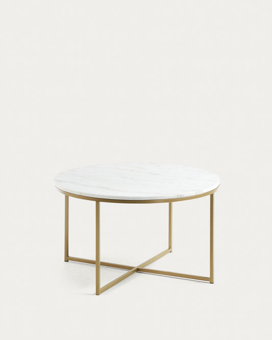 Table basse Sheffield en marbre blanc et pieds en acier finition dorée Ø 80 cm