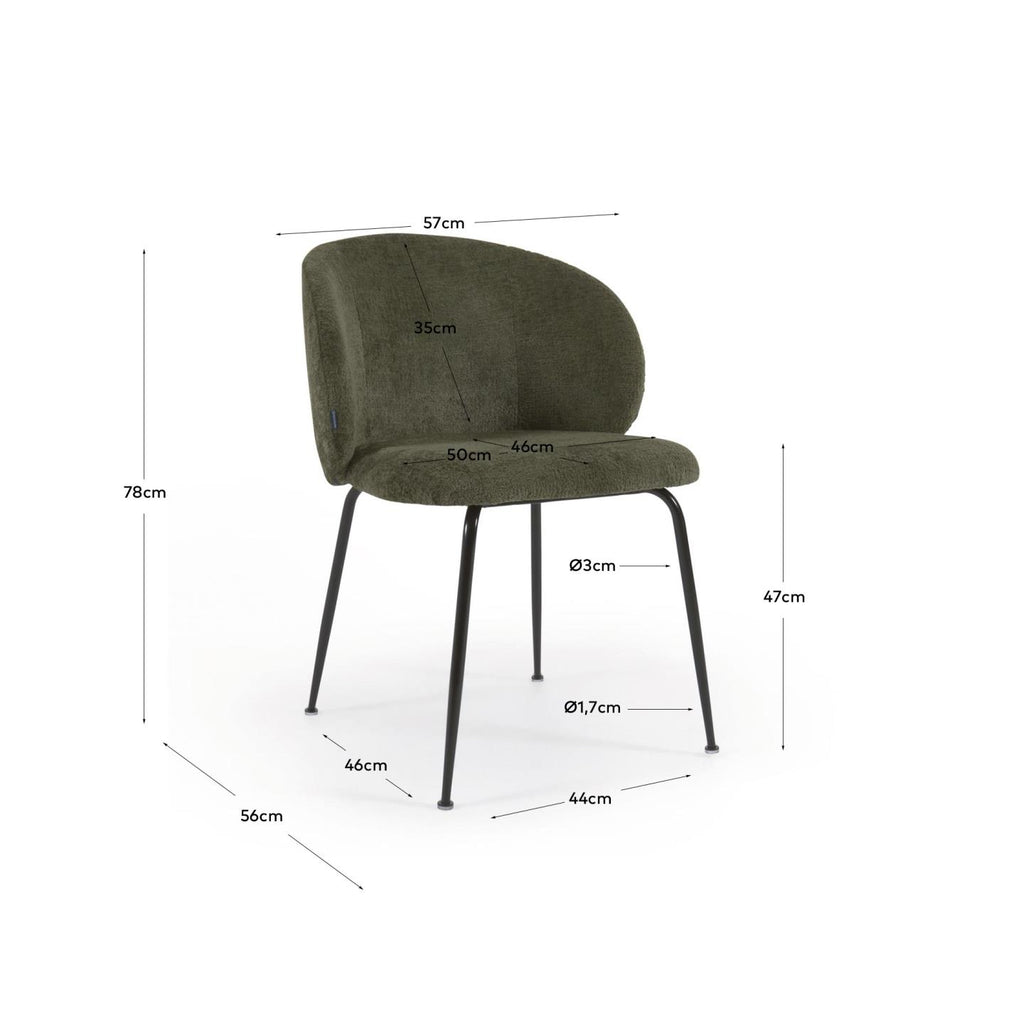 Chaise Minna en chenille verte et pieds en acier peint noir