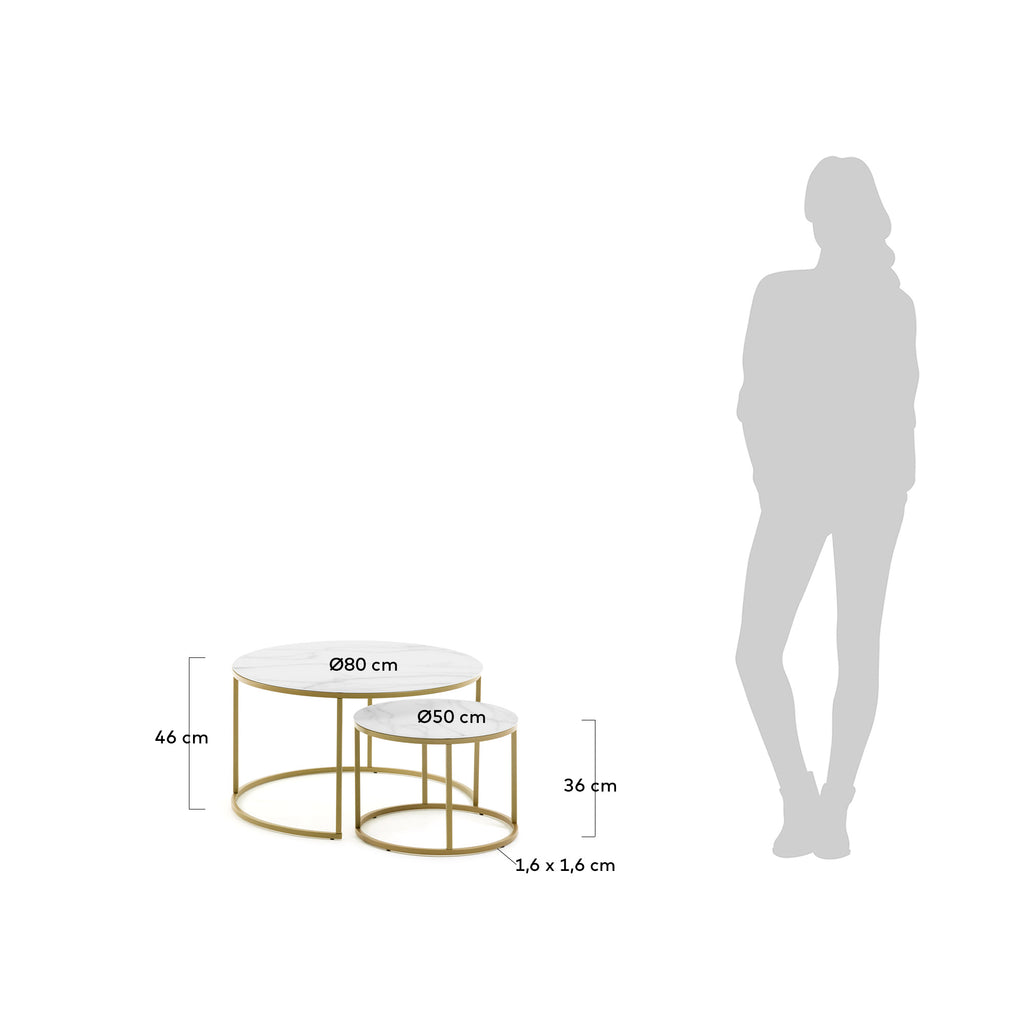Ensemble Leonor de 2 tables d'appoint en verre blanc et acier finition dorée Ø80cm / Ø50cm