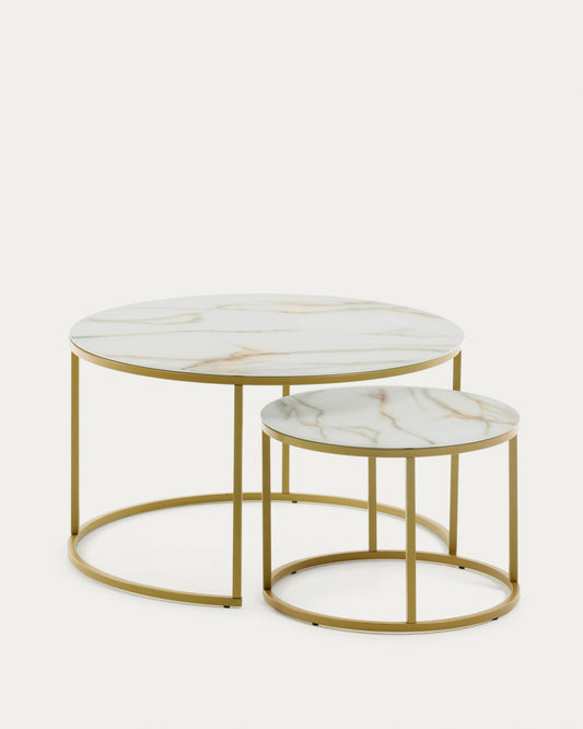 Ensemble Leonor de 2 tables d'appoint en verre blanc et acier finition dorée Ø80cm / Ø50cm