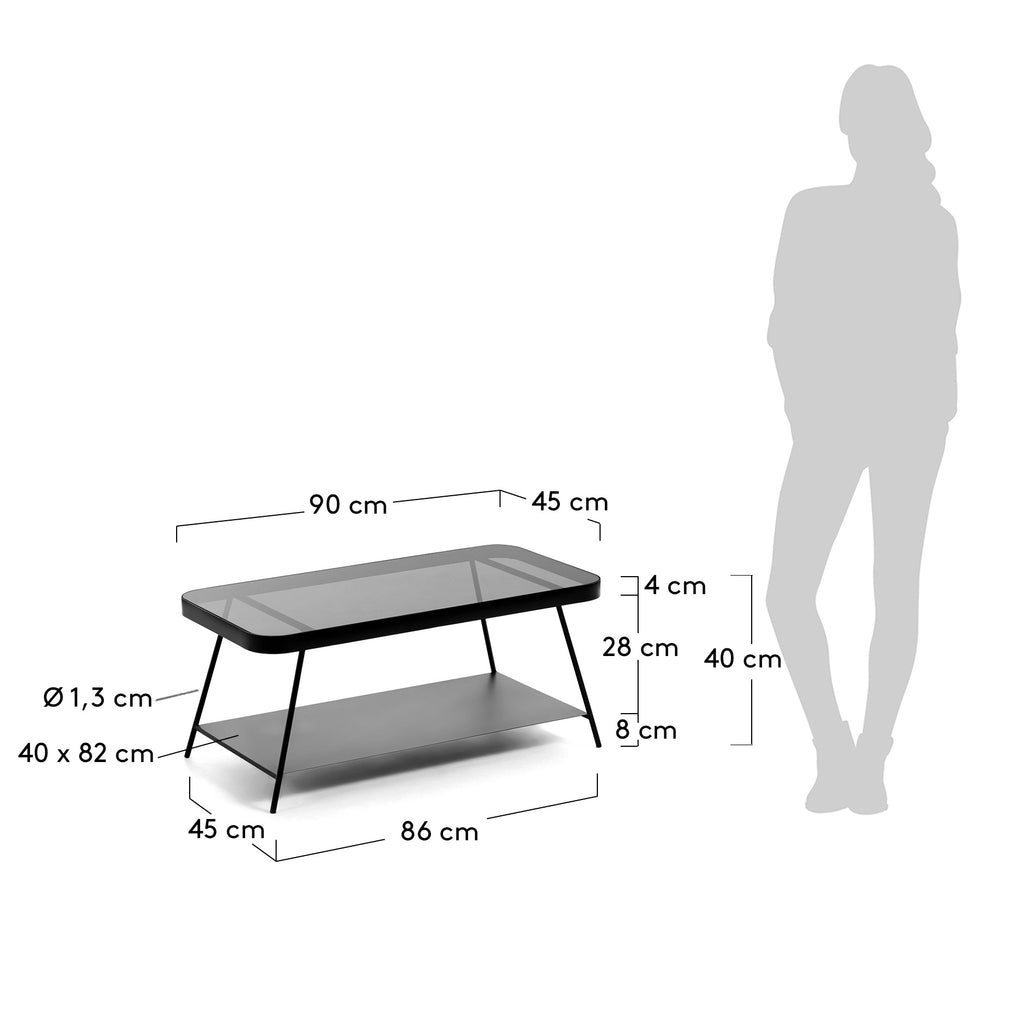 Table basse Duilia en verre gris fumé et structure en acier noir 90 x 45 cm