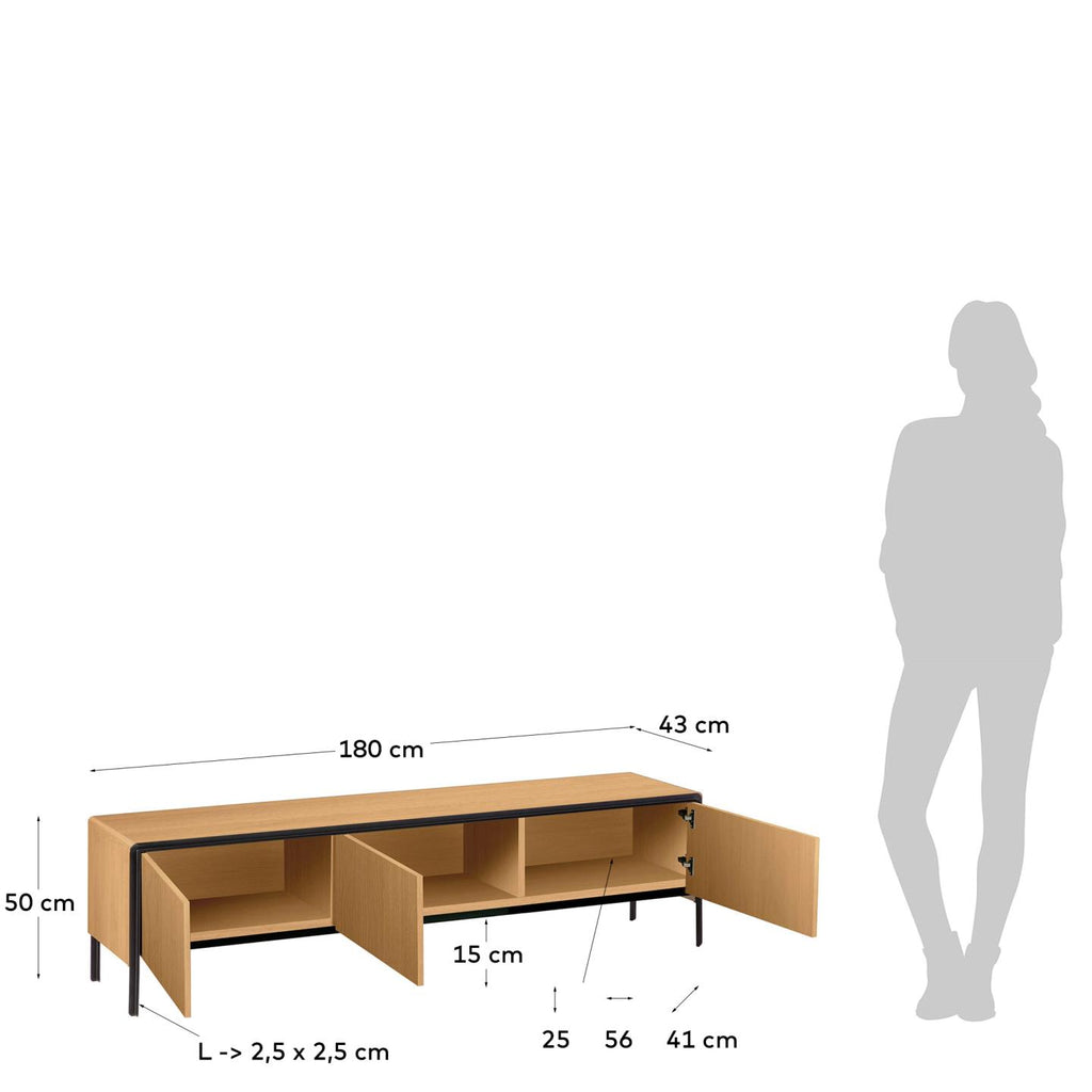 Meuble TV Nadyria 3 portes placage de chêne et acier avec finition noire 180 x 50 cm
