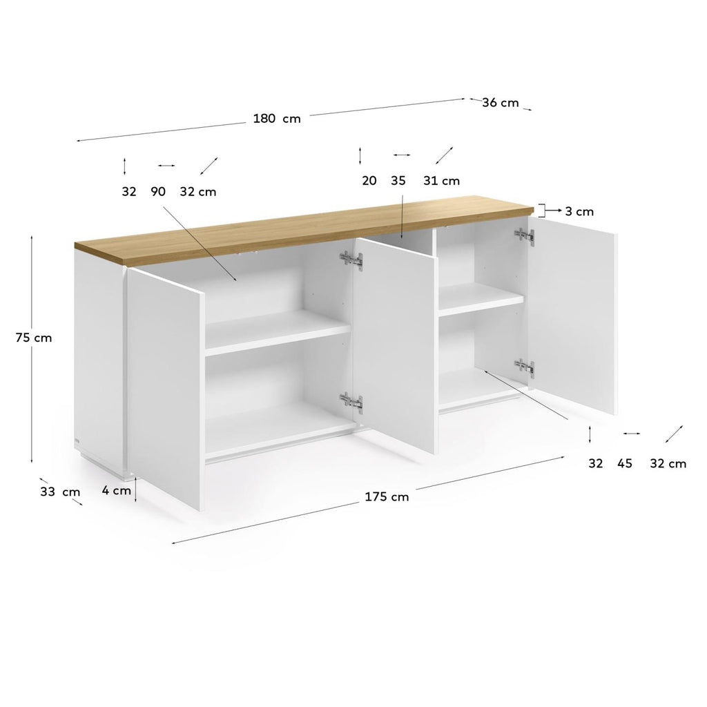 Buffet Abilen 3 portes contreplaqué de chêne et laqué en blanc 180 x 75 cm FSC 100%
