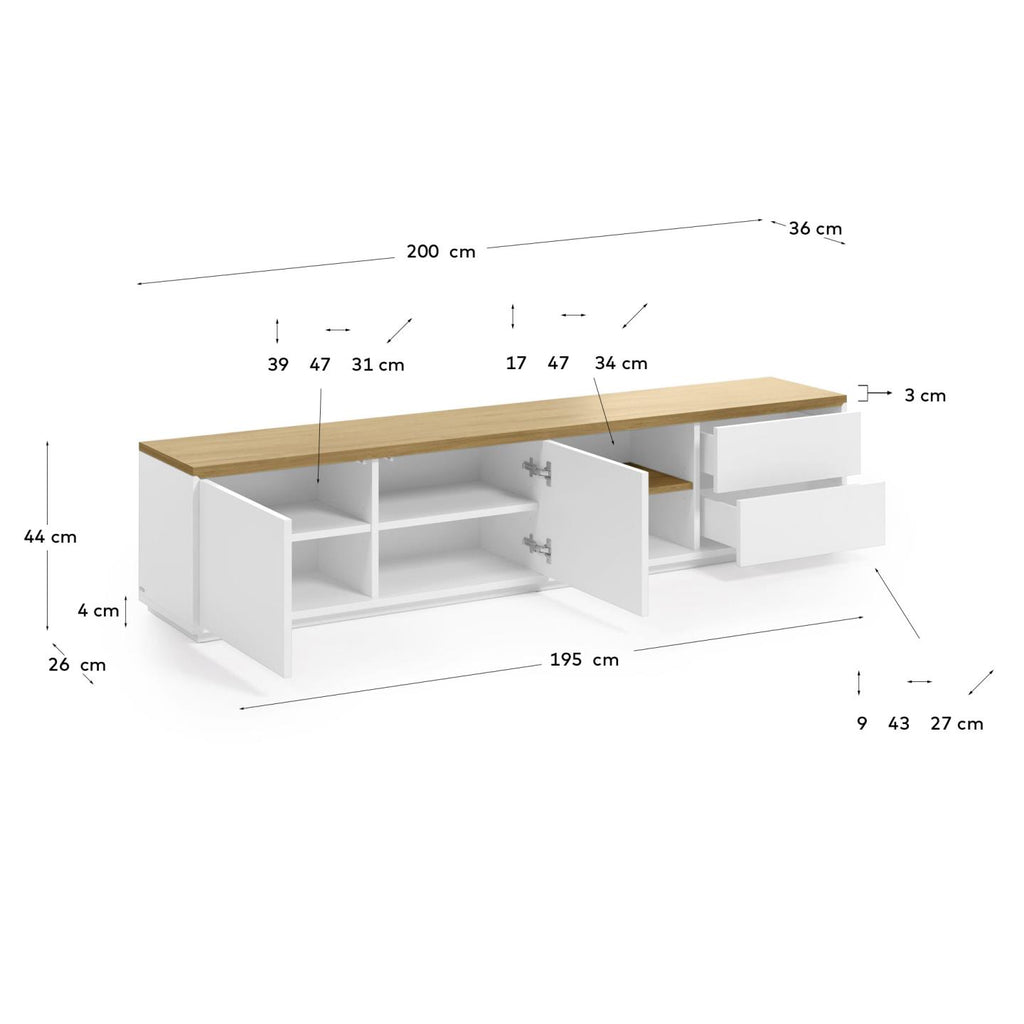Meuble TV Abilen 2 portes et 2 tiroirs placage de chêne et laqué blanc 200x44 cm FSC 100 %