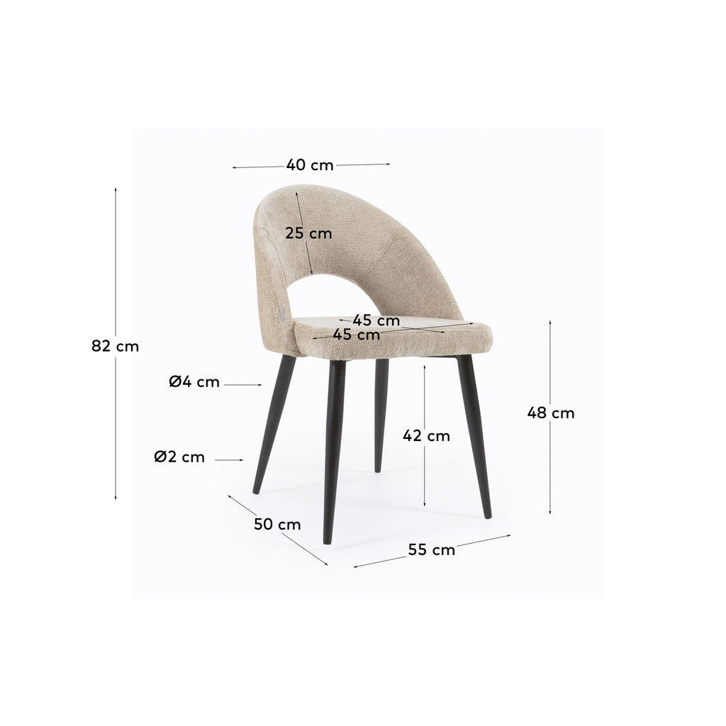 Chaise Mael en chenille beige et pieds en acier peint noir FSC 100%