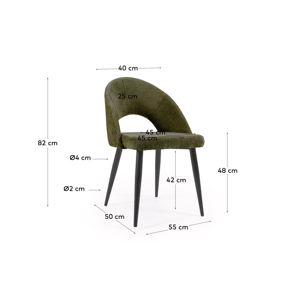 Chaise Mael en chenille verte et pieds en acier peint noir