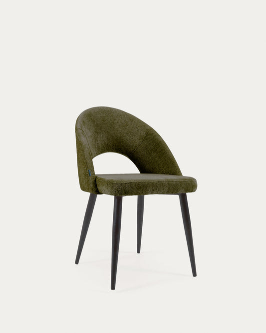 Chaise Mael en chenille verte et pieds en acier peint noir