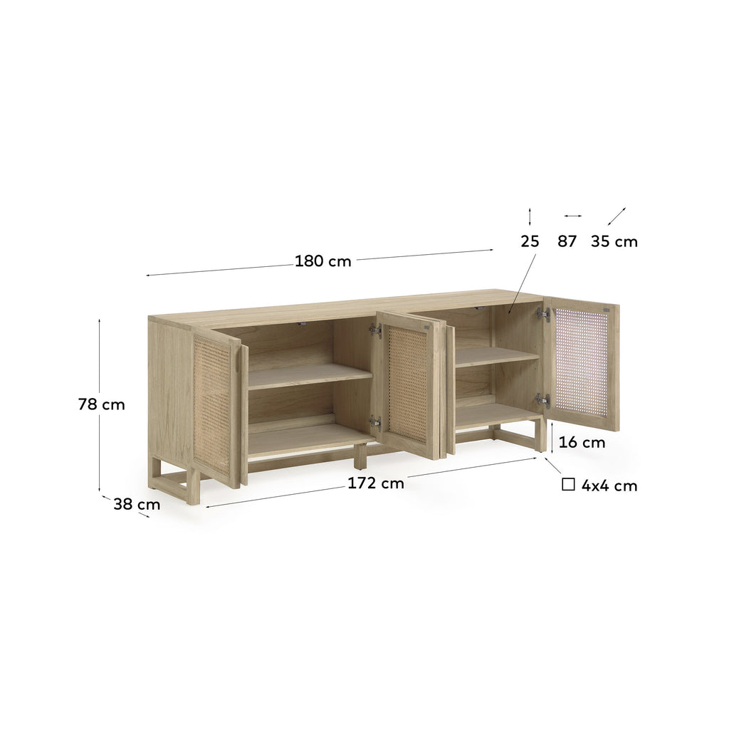 Buffet Rexit 4 portes bois et contreplaqué de mindi avec rotin 180 x 78cm