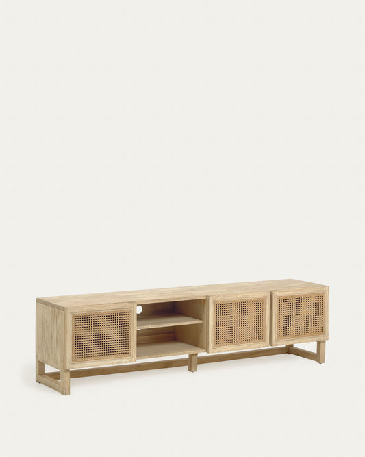 Meuble TV Rexit 3 portes en bois et placage de Mindy et rotin 180 x 50 cm