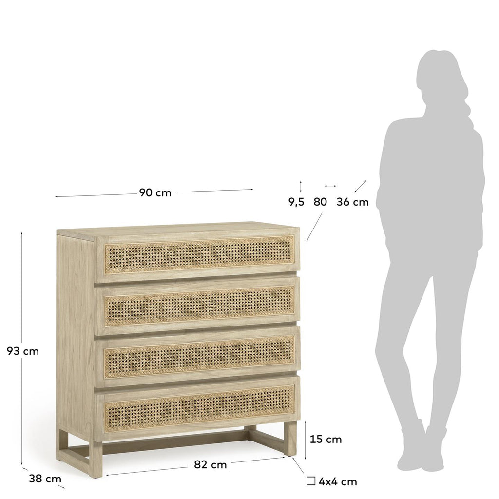 Commode Rexit 4 tiroirs bois et contreplaqué de mindi avec rotin 90 x 93 cm
