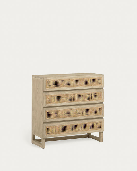 Commode Rexit 4 tiroirs bois et contreplaqué de mindi avec rotin 90 x 93 cm