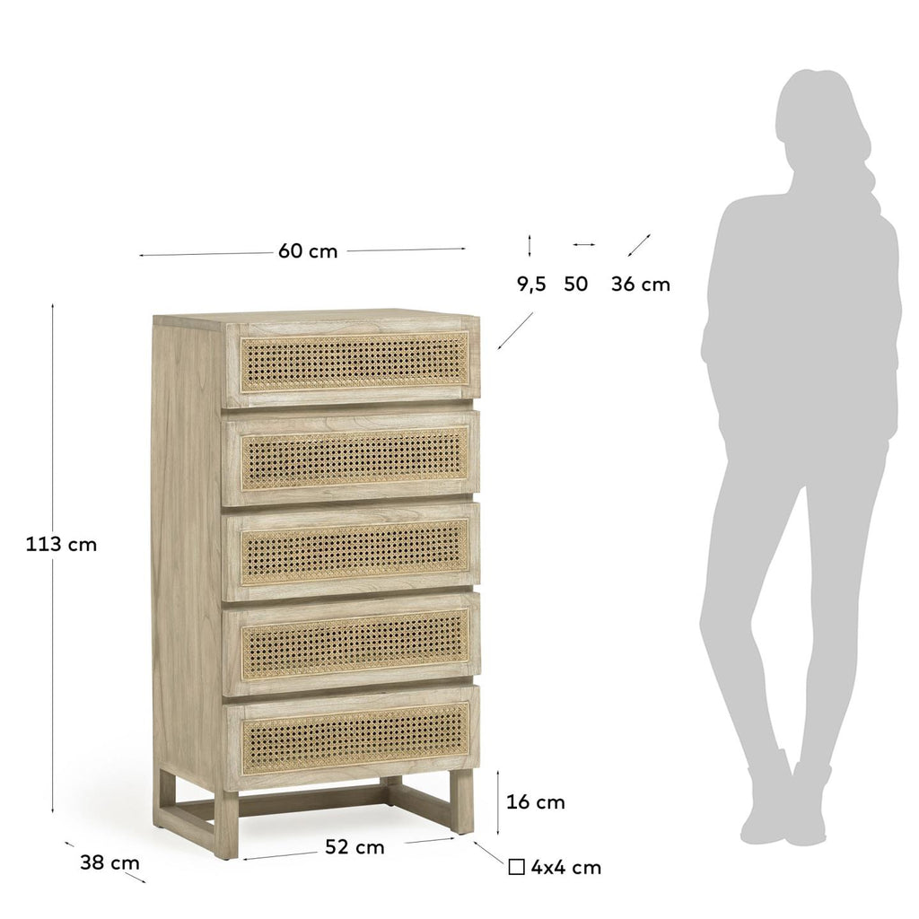 Commode Rexit 5 tiroirs bois et contreplaqué de mindi avec rotin 60 x 113 cm