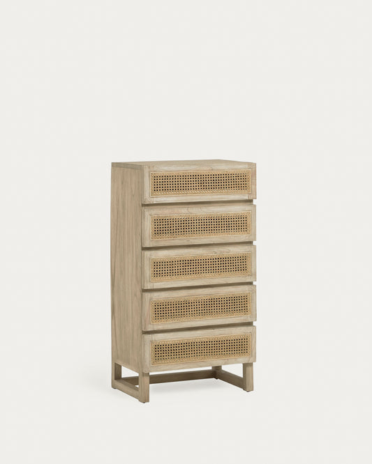 Commode Rexit 5 tiroirs bois et contreplaqué de mindi avec rotin 60 x 113 cm