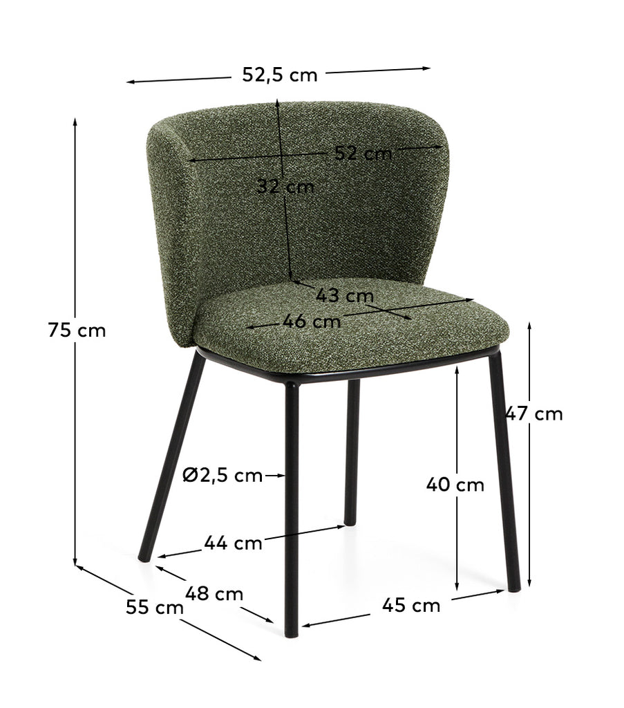 Chaise Ciselia en chenille épaisse vert foncé et pieds en acier avec finition noire FSC Mix Credit