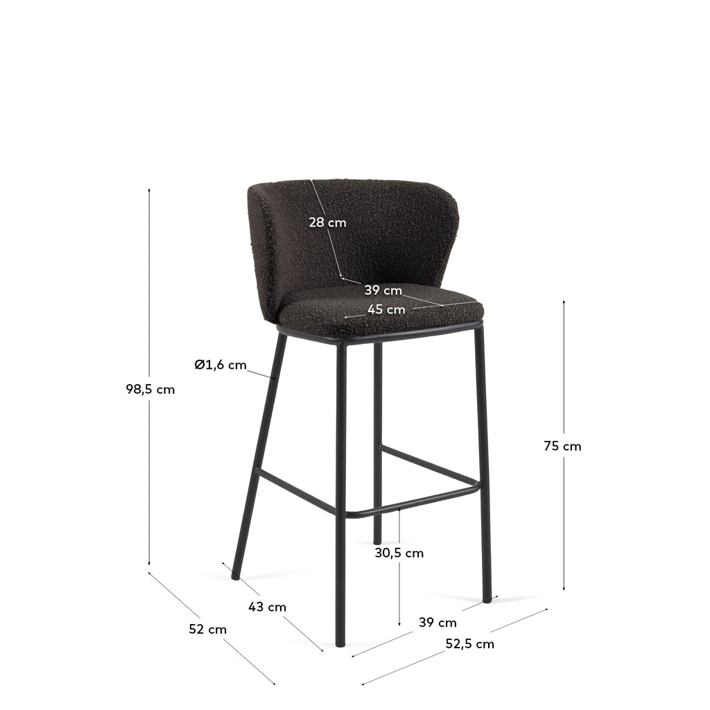 Tabouret Ciselia en bouclette noire et pieds en acier noir hauteur 75 cm FSC Mix Credit