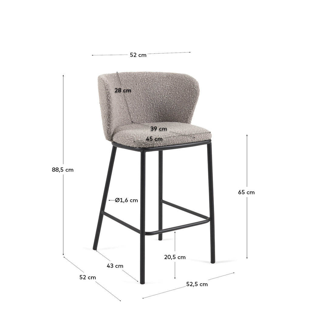 Tabouret Ciselia en bouclette gris clair et pieds en acier noir hauteur 65 cm FSC Mix Credit