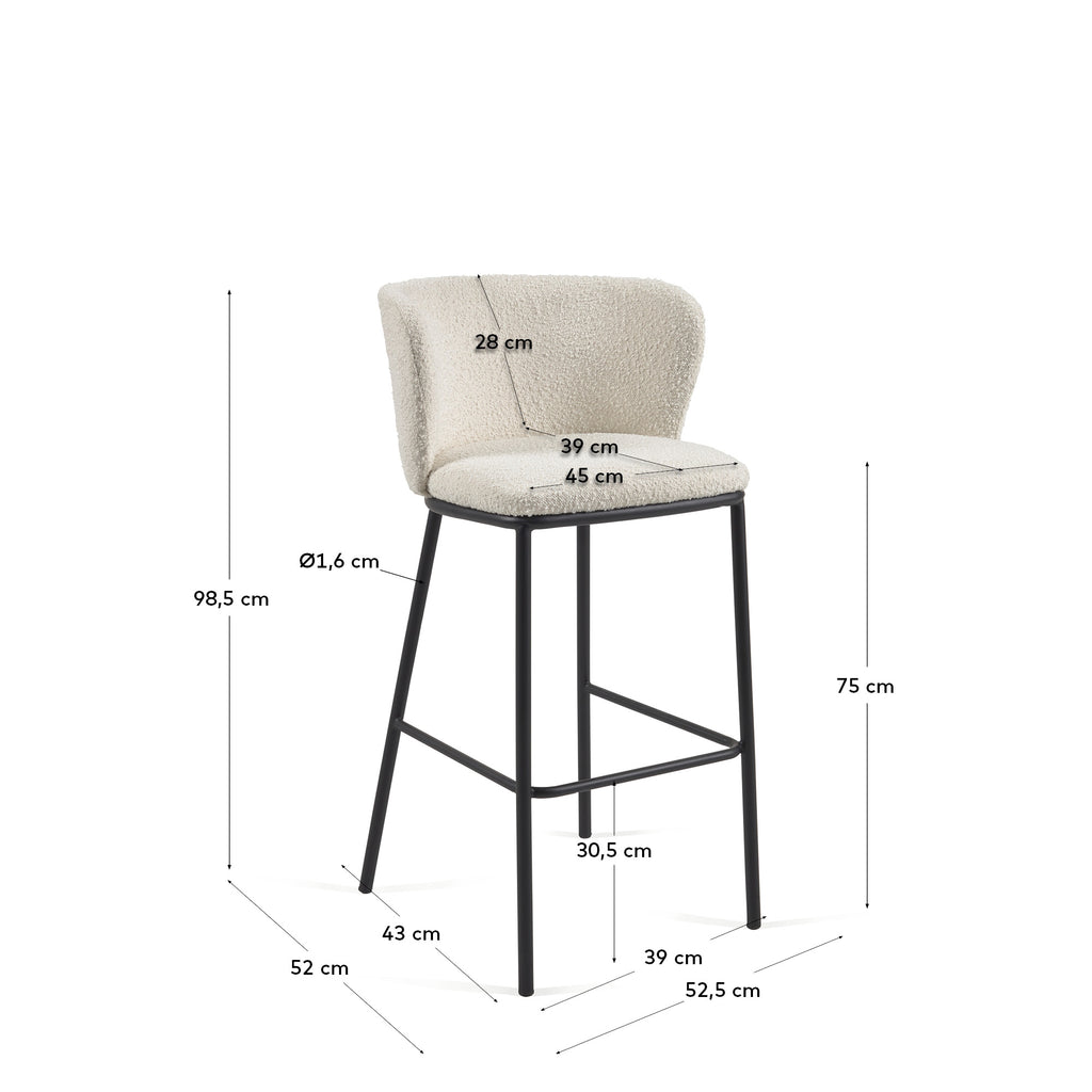Tabouret Ciselia bouclette blanc et pieds en acier noir hauteur 75 cm FSC Mix Credit