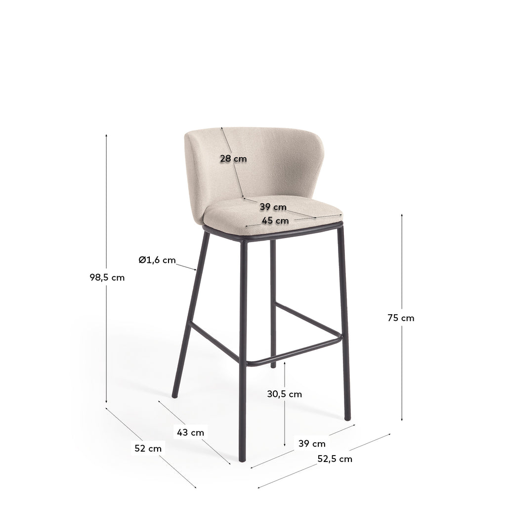 Tabouret Ciselia en chenille beige et pieds en acier noir hauteur 75 cm FSC Mix Credit