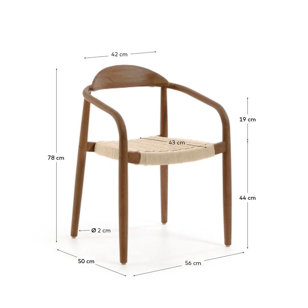 Chaise empilable Nina en bois massif d’acacia finition noyer et corde beige FSC 100 %