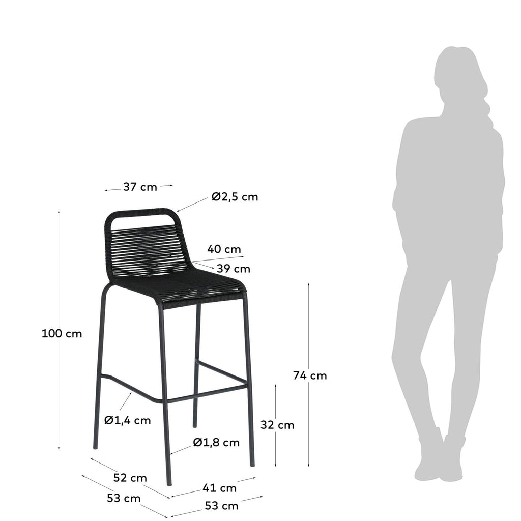 Tabouret Lambton en corde noire et acier finition noire hauteur 74 cm