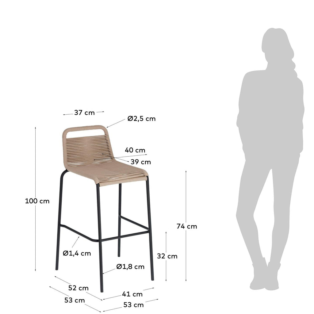 Tabouret Lambton en corde marron et acier finition noire hauteur 74 cm