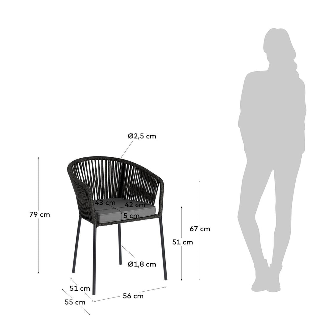 Chaise Yanet en corde noire et pieds en acier galvanisé
