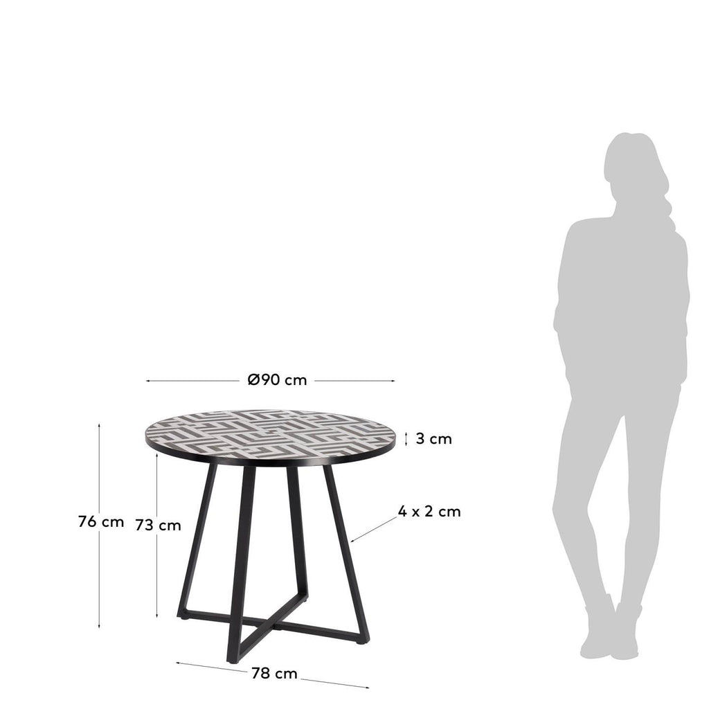 Table ronde Tella en céramique motif blanc et noir et pieds en acier noir Ø 90 cm