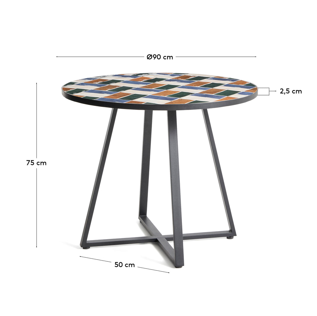 Table ronde Tella en acier galvanisé graphite et carreaux multicolores Ø90 cm