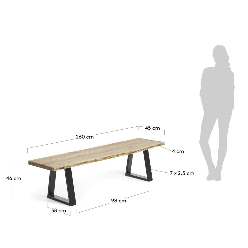 Banc Alaia en bois d'acacia et pieds en acier noir 160 cm