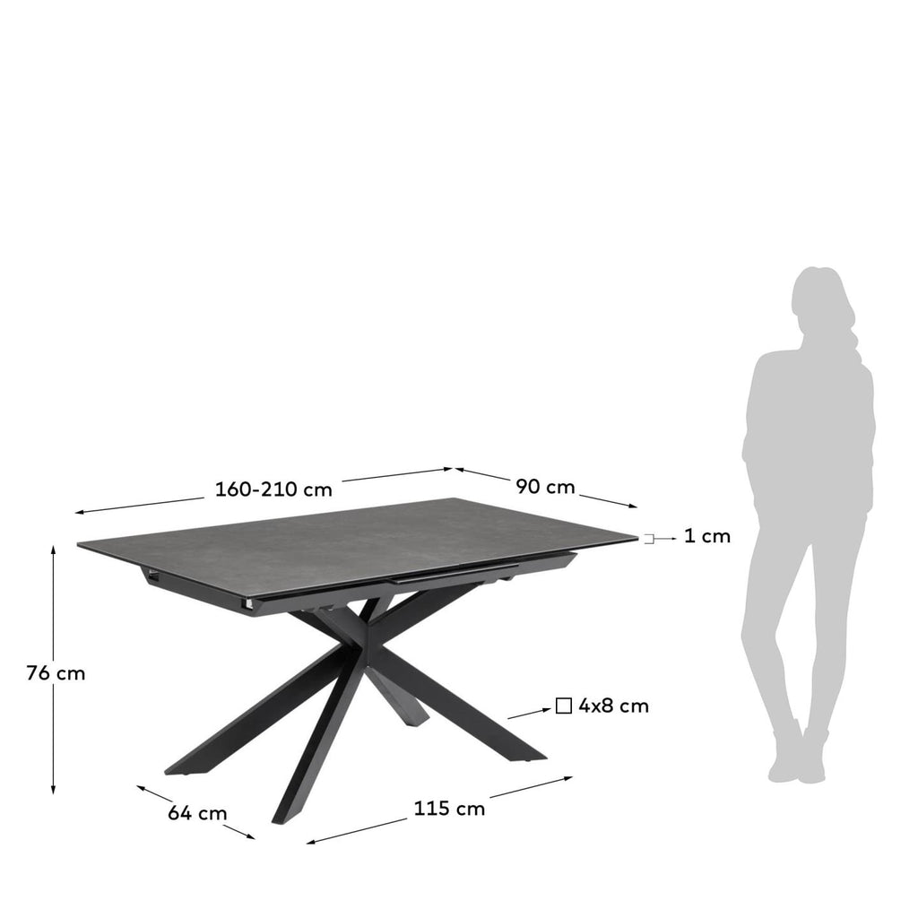 Table extensible Atminda 160 (210) x 90 cm plateau en grès cérame et pieds en acier noir