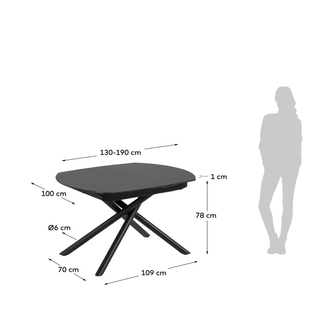 Table extensible Yodalia en verre trempé et pieds en acier finition noire 130(190)x100 cm