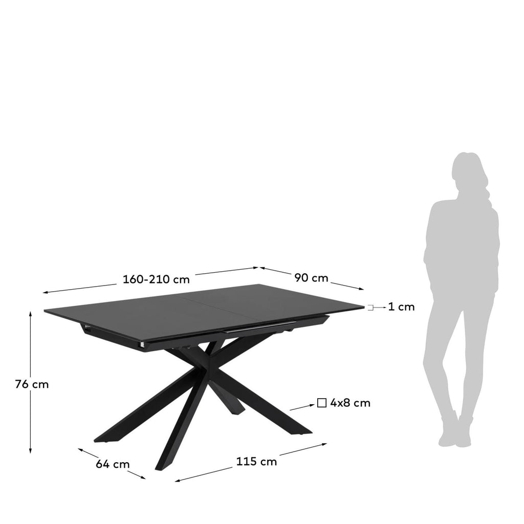 Table extensible Atminda en verre et pieds en acier finition noire 160 (210) x 90 cm