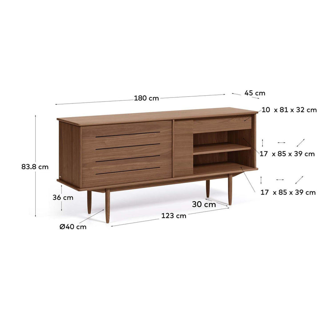 Buffet Carolin 2 portes et 1 tiroir en plaqué de noyer 180 x 83,8 cm