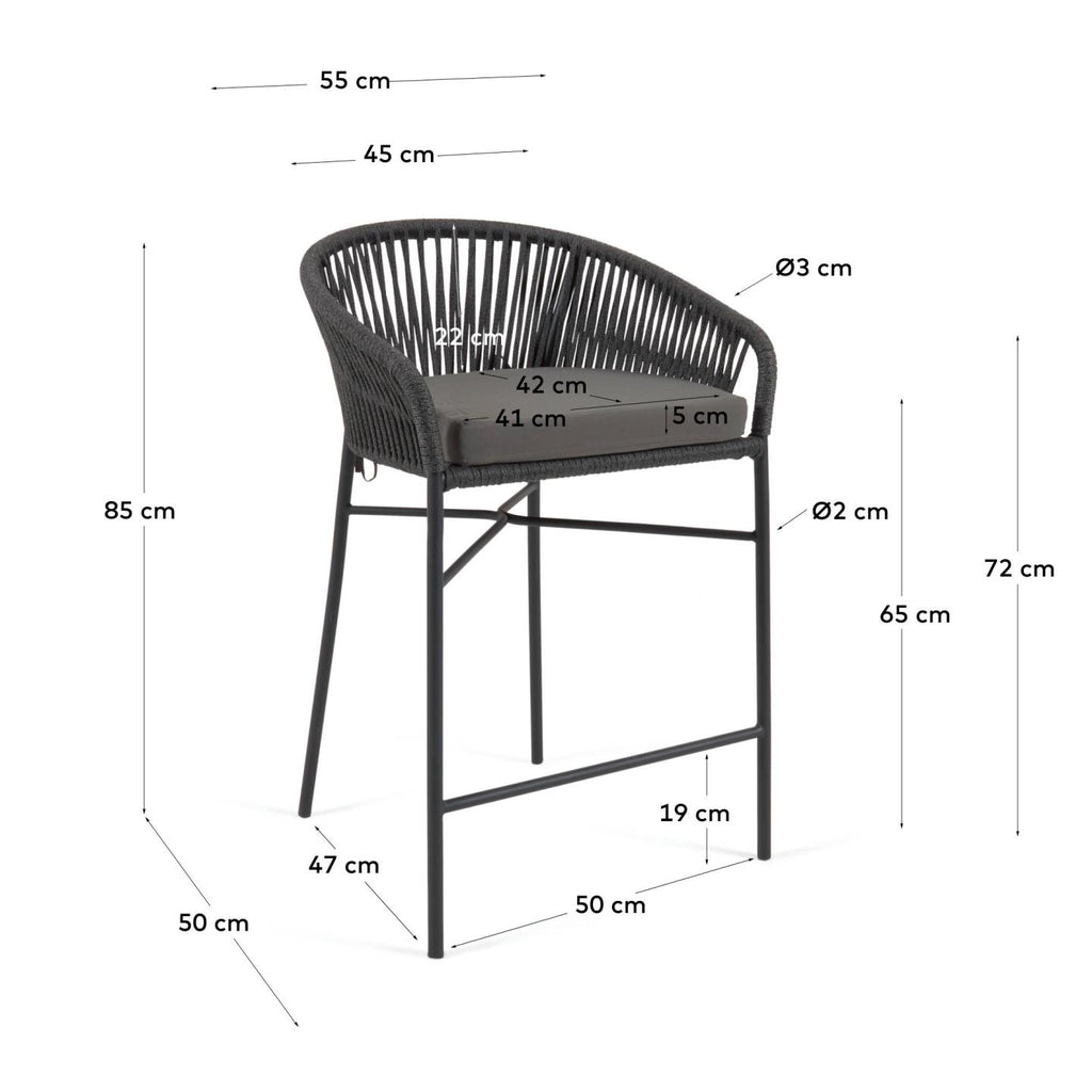 Tabouret Yanet en corde noire et acier galvanisé, hauteur 65 cm