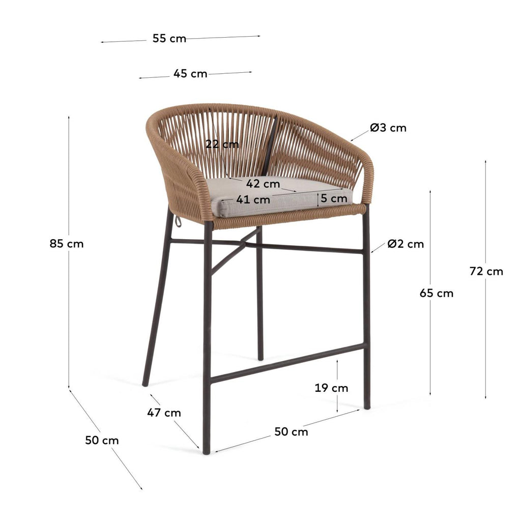 Tabouret Yanet en corde beige et acier galvanisé, hauteur 65 cm