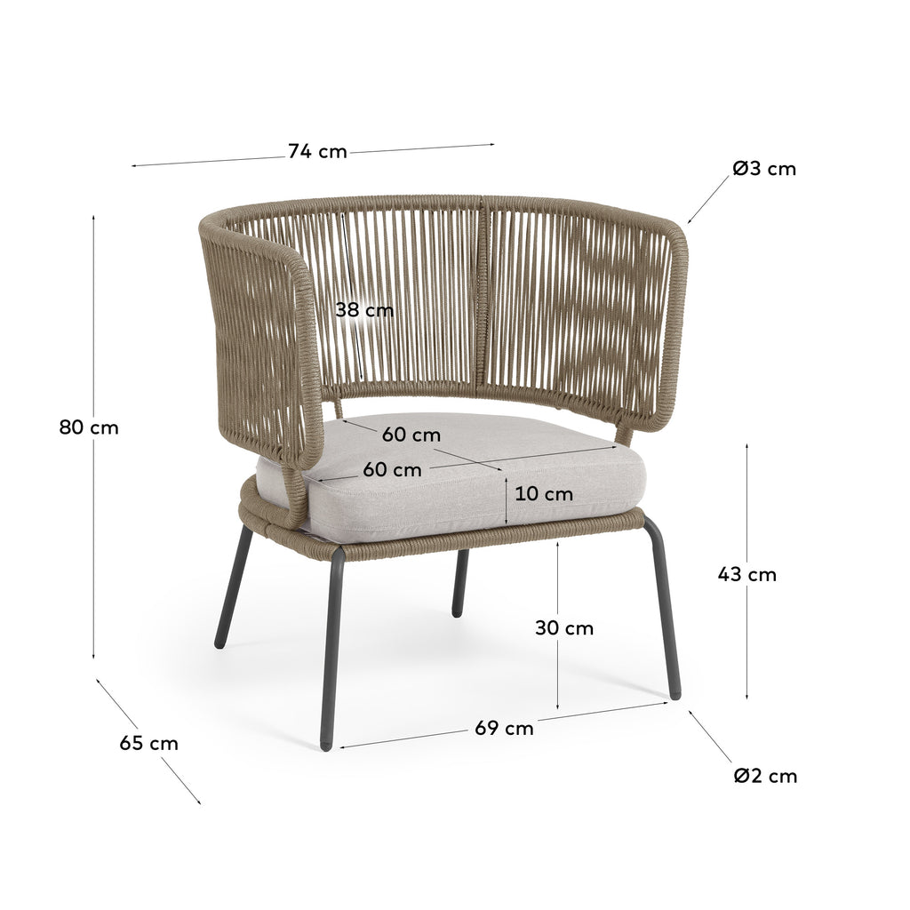 Fauteuil Nadin en corde beige et pieds en acier galvanisé