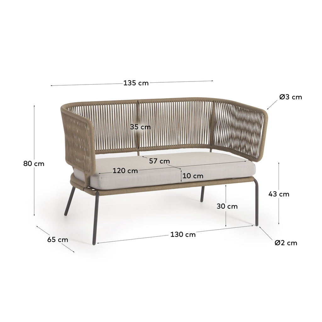 Canapé Nadin 2 places en corde beige et pieds en acier galvanisé 135 cm