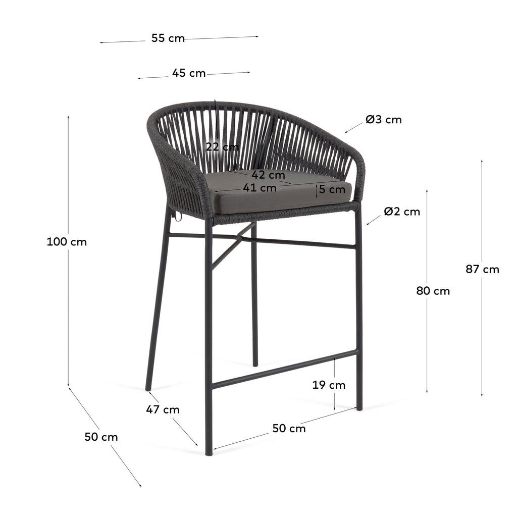 Tabouret Yanet en corde noire et acier galvanisé, hauteur 80 cm